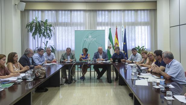 El consejero de Salud y Familias, Jesús Aguirre, durante su reunión con personal ténico