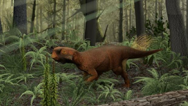 Reconstrucción del Psittacosaurio que vivía en bosques con vegetación densa