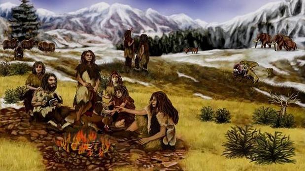 Recreación de un grupo neandertal en una imagen de archivo