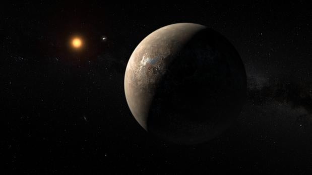 La ilustración muestra al planeta Próxima b orbitando a la estrella enana roja Próxima Centauri, la más cercana al Sistema Solar