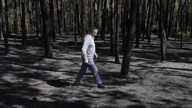 Un vecino de Rianxo recorre una de las zonas afectadas por el fuego