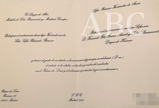 Invitación de la boda de Fernando Fitz-James Stuart y Sofía Palazuelo