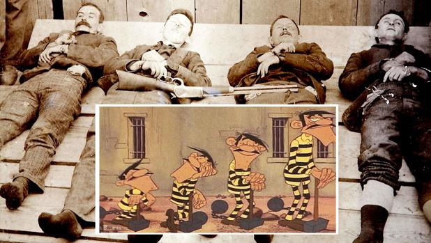 Los cuerpos de los miembros de la banda de los Dalton tras su último asalto a un banco. De izquierda a derecha: Tim Evans, Bob Dalton, Grat Dalton y Dick Broadwell