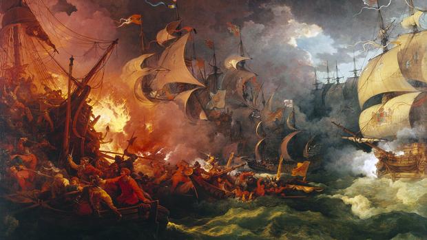 Derrota de la armada invencible, pintura de Philippe-Jacques de Loutherbourg (1796) basada en el mito de que se produjo un choque naval desfavorable a España,