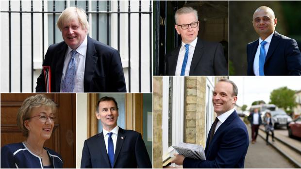De izquierda a derecha: Boris Johnson, Michael Gove y Sajid Javid (arriba); Andrea Leadsom, Jeremy Hunt y Dominic Raab (abajo)