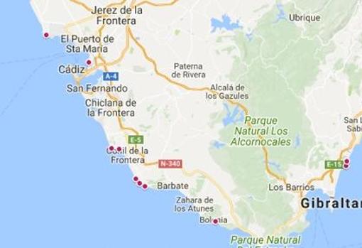 Mapa de las playas nudistas de la provincia de Cádiz.