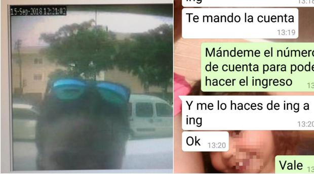 Foto de una mulera cobrando un pago de un cajero. Mensaje enviado de un estafador a una víctima.