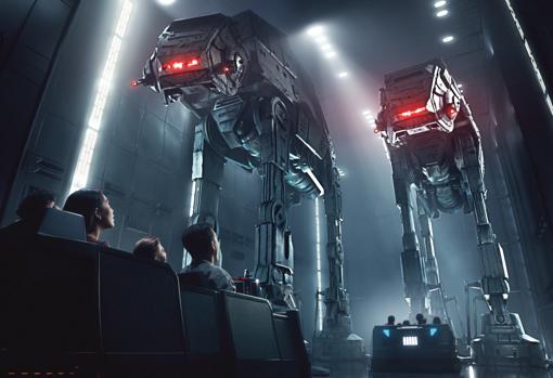 Imagen cedida de una recreación artística de personas en el corredor Star Destroyer en el nuevo parque temático de Disney «Galaxy's Edge»
